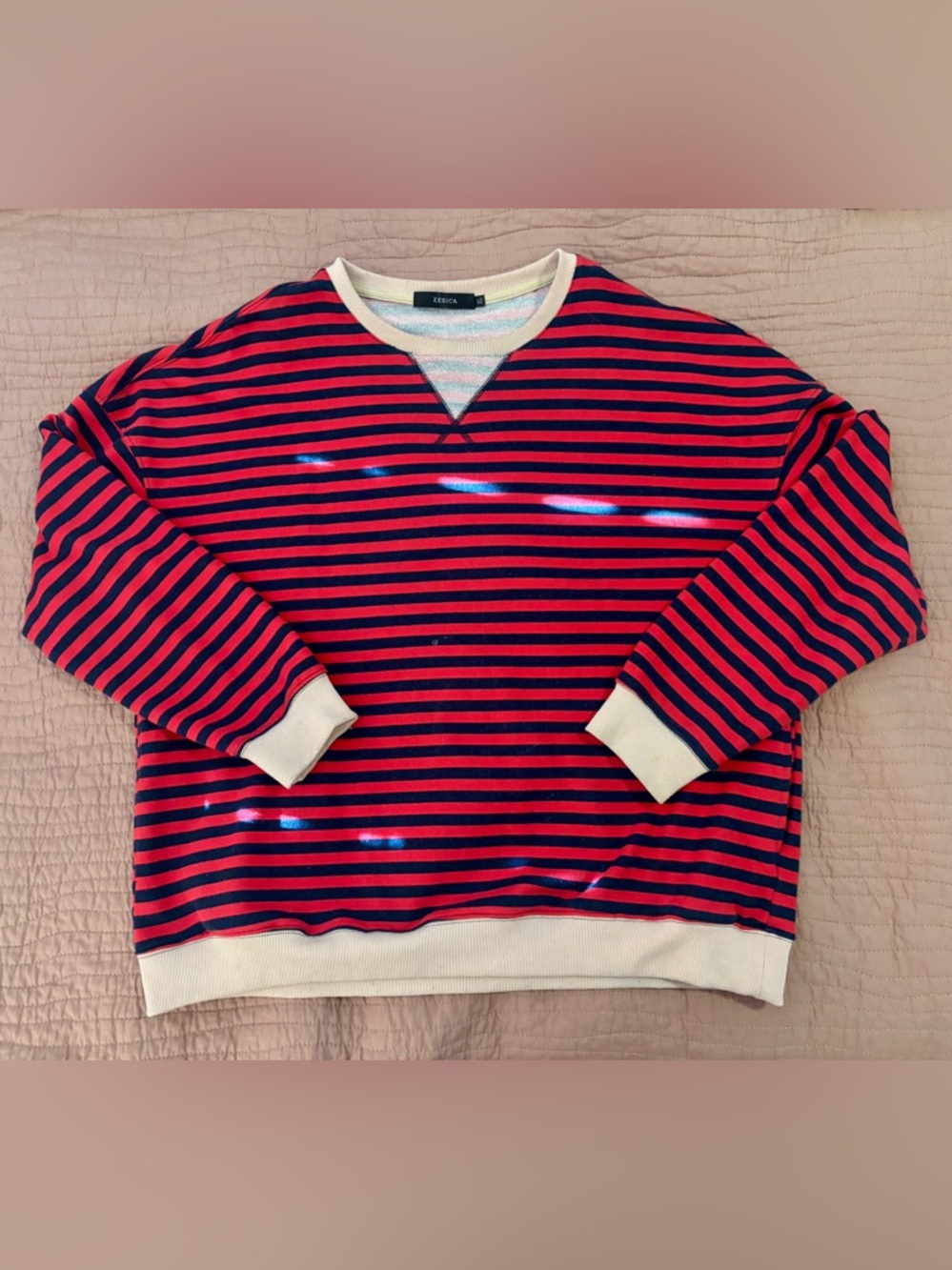 Zesica Red and Navy Striped Crewneck Sweatshirt with Cream Trim